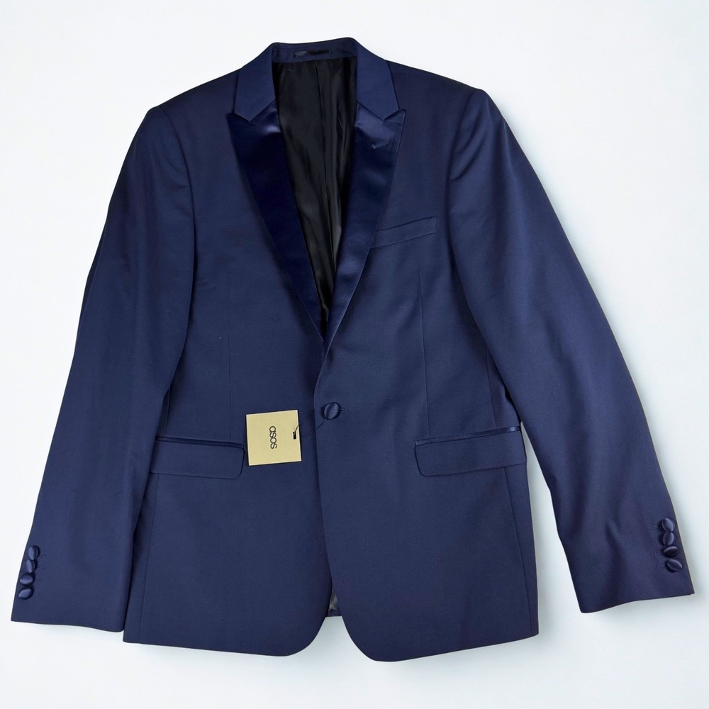 ASOS Tuxedo Blazer Mens 40 Navy Blue Satin Peak Lapel Formal Jacket Prom Wedding